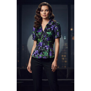 Jaclyn Smith Black Purple Floral Blouse Size L